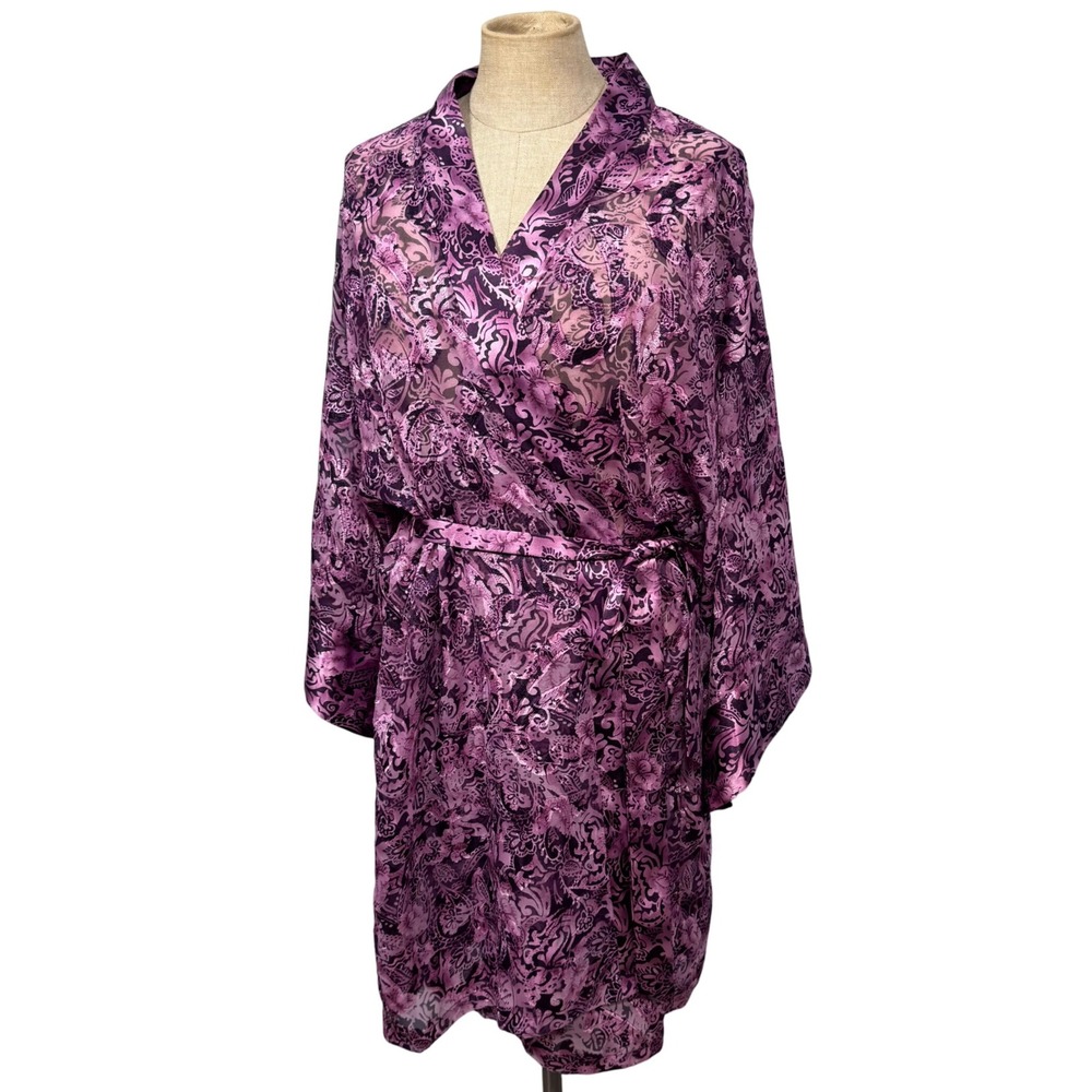 Sophia byโ delicates L Purple Floral Sheer Satin Robe Kimono Short Fairy Goth